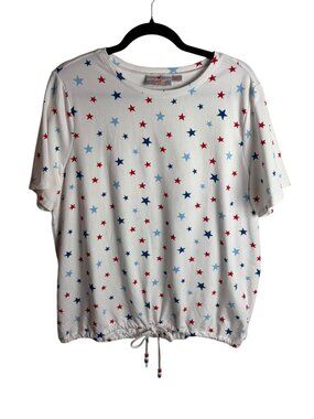 Quacker Factory Size Large Red White Blue Star Print Short Sleeve Top Patriotic